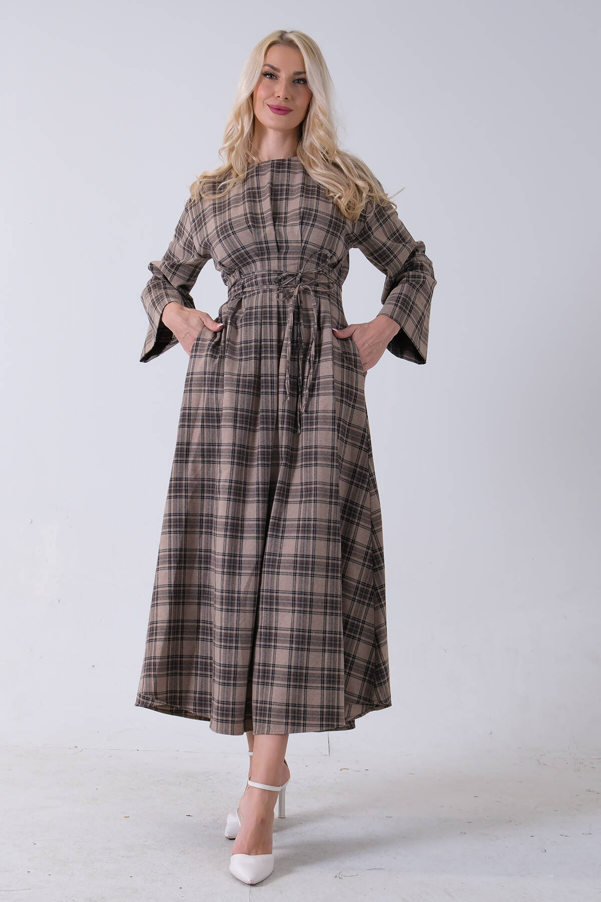 Vizon Bisiklet Yaka Ekose Desenli Bel Bağlamalı Tesettür Elbise 4593460.34 - Ardanewline