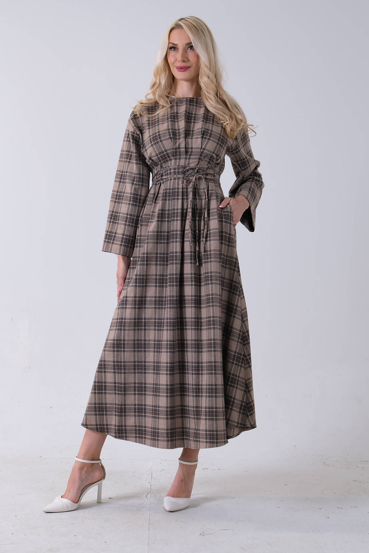 Vizon Bisiklet Yaka Ekose Desenli Bel Bağlamalı Tesettür Elbise 4593460.34 - Ardanewline (1)