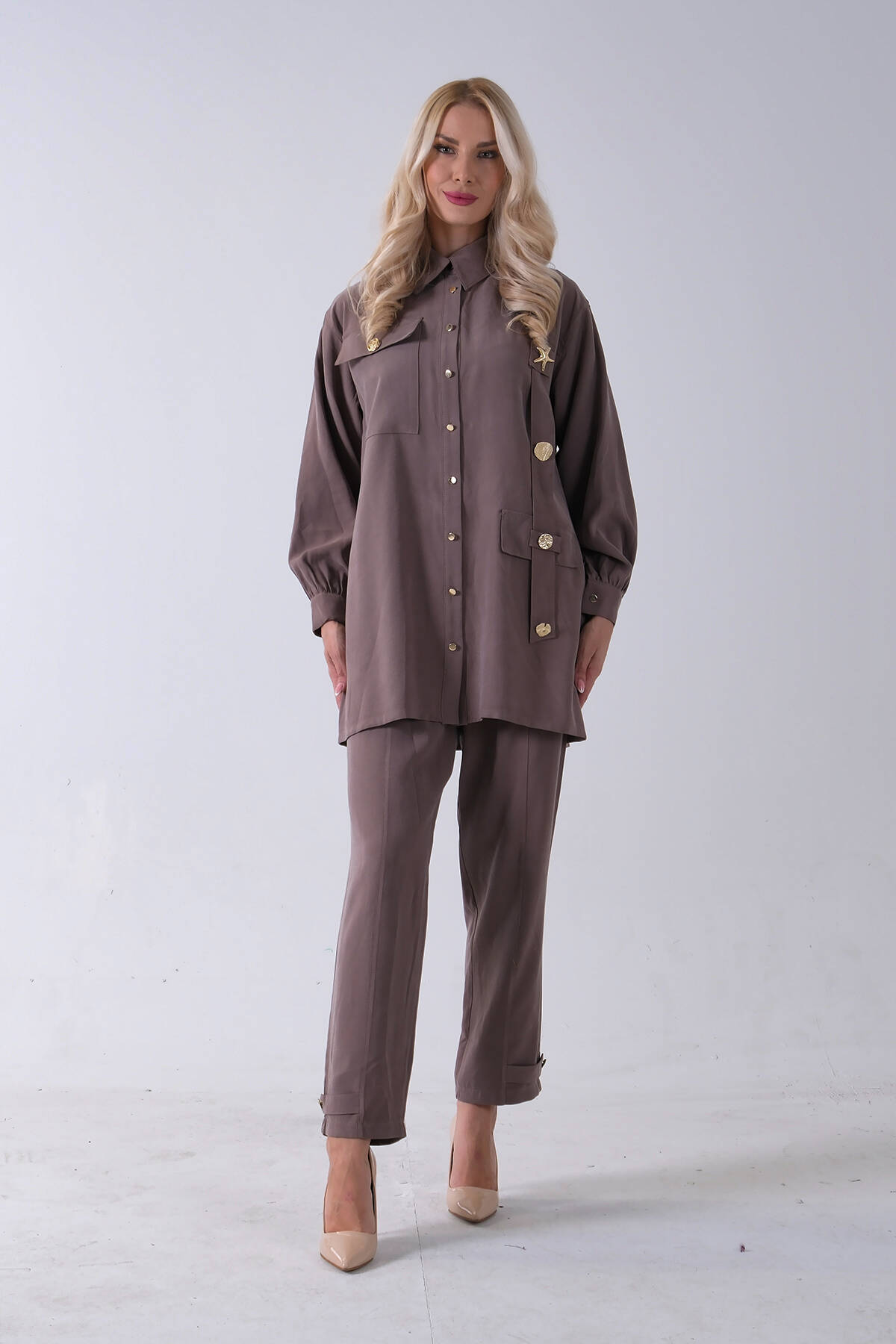 Vizon Göğüs Tek Cep Detaylı Aksesuar Düğmeli Pantolonlu Takım 4701352.34 - Ardanewline