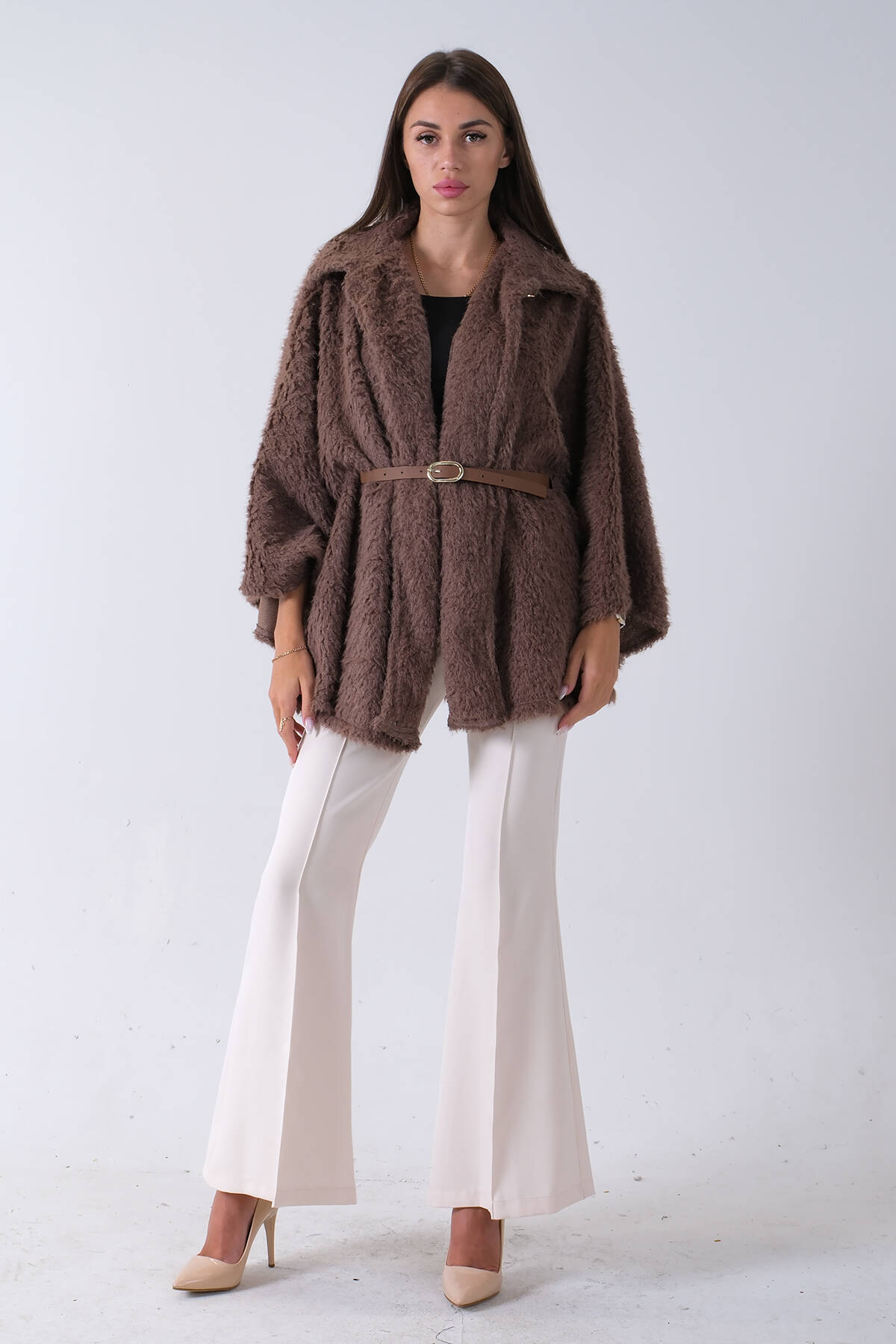 Vizon Tek Düğme Kapamalı Kemerli Yün Peluş Ceket 940140183.34 Vizon