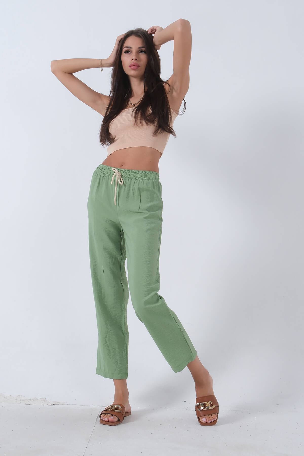 Yeşil Belden Bağlamalı Lastikli Keten Pantolon 0803447.07 