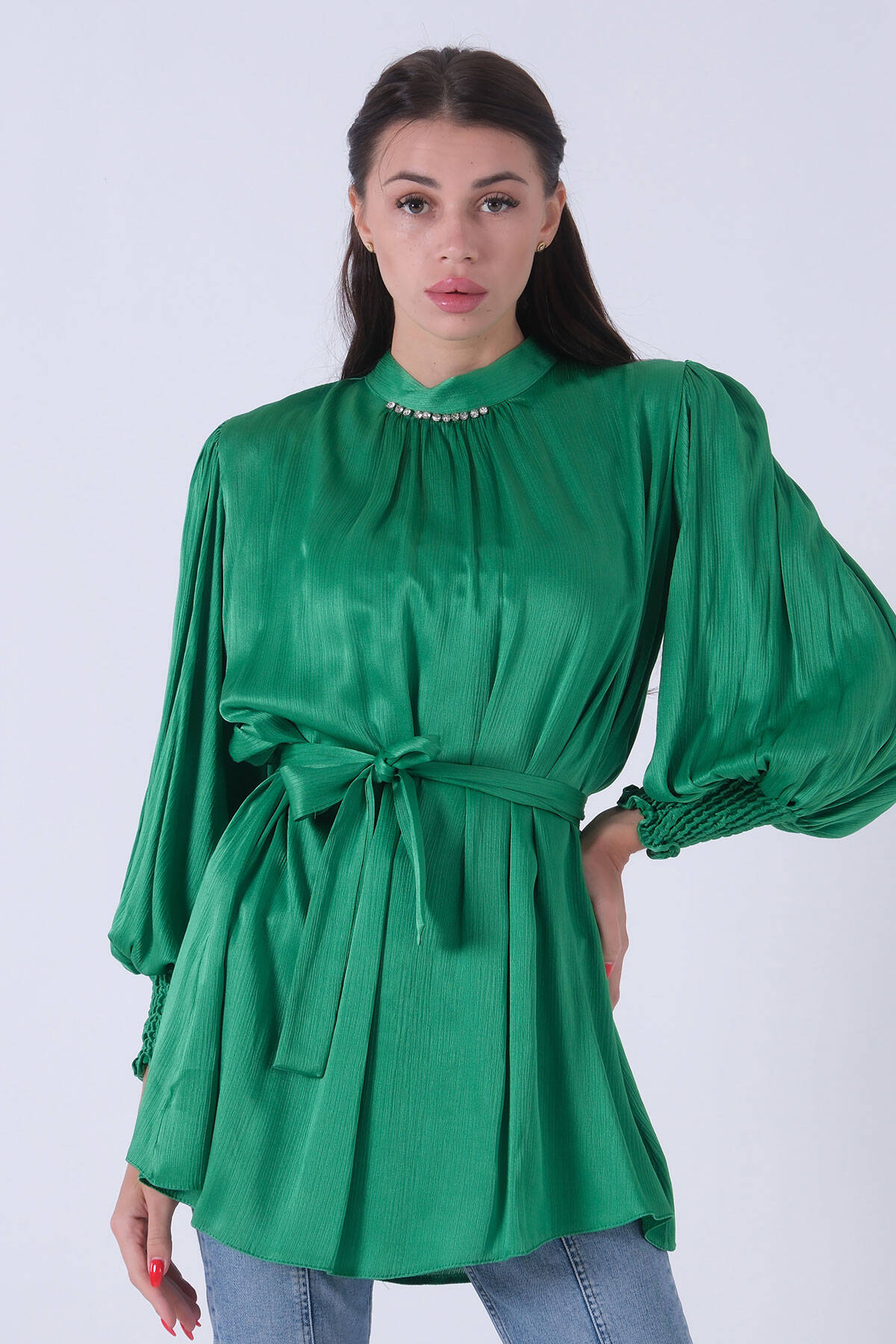 Yeşil Belden Bağlamalı Yakası Taşlı Tunik 45951971.07 