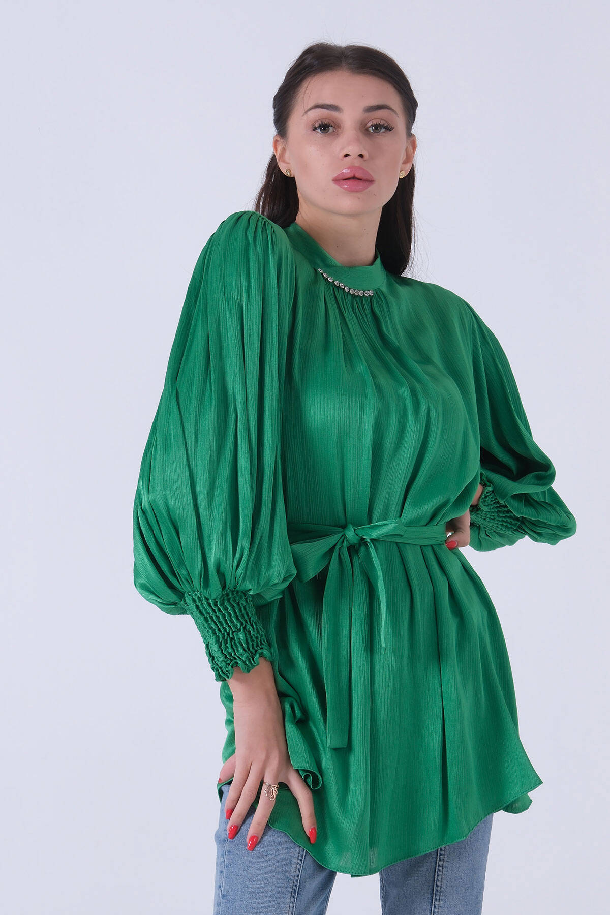 Yeşil Belden Bağlamalı Yakası Taşlı Tunik 45951971.07 - Ardanewline (1)