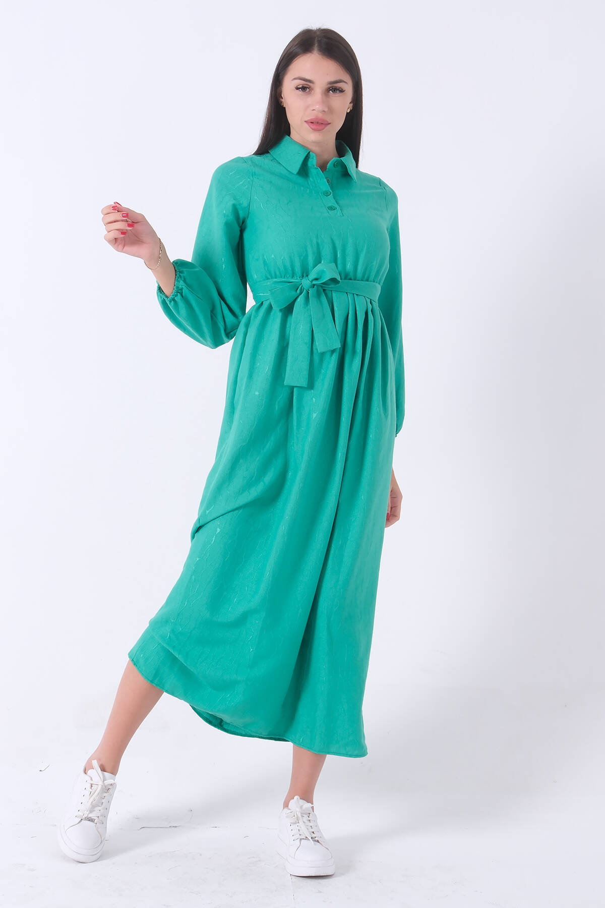 Yeşil Beli Lastikli Gömlek Yaka Kuşaklı Tesettür Elbise 4593296.07 