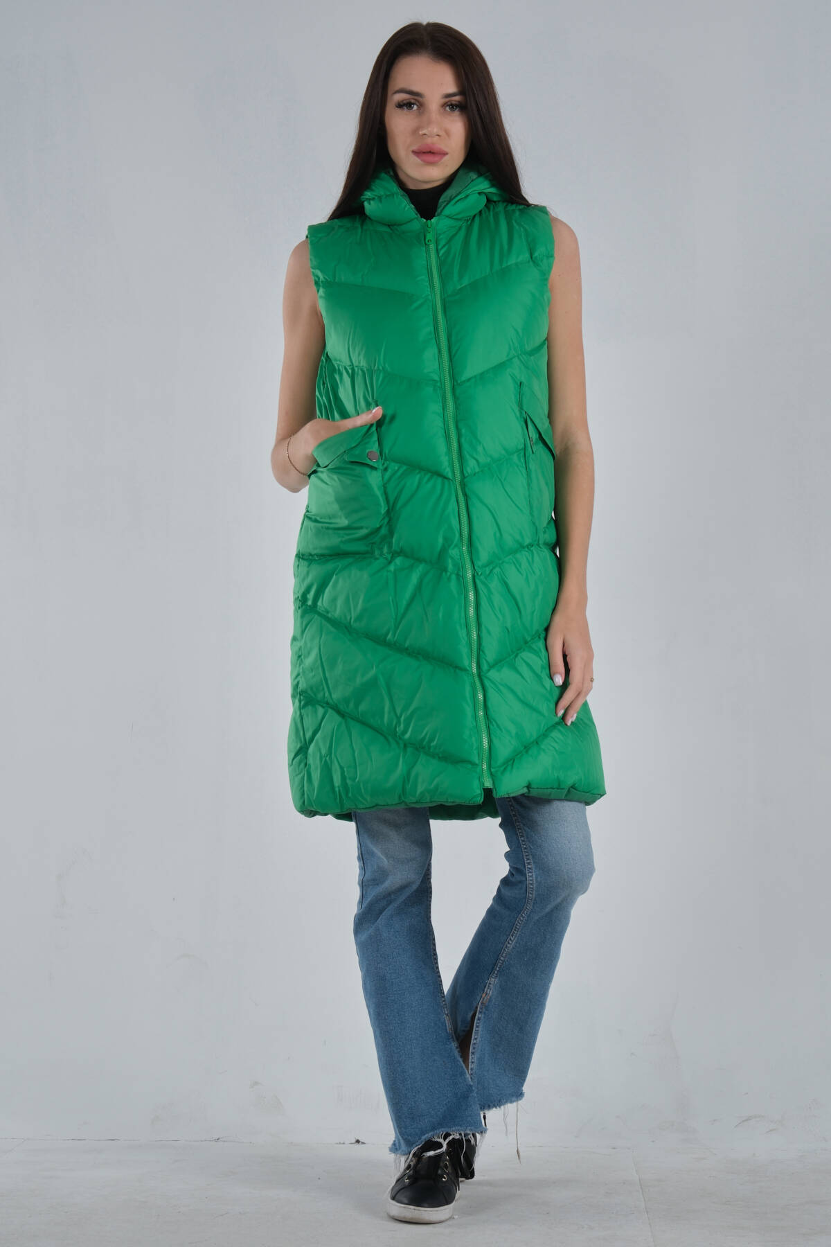 Yeşil Çift Cepli Kapüşonlu Dolum Şişme Yelek 31070145.07 