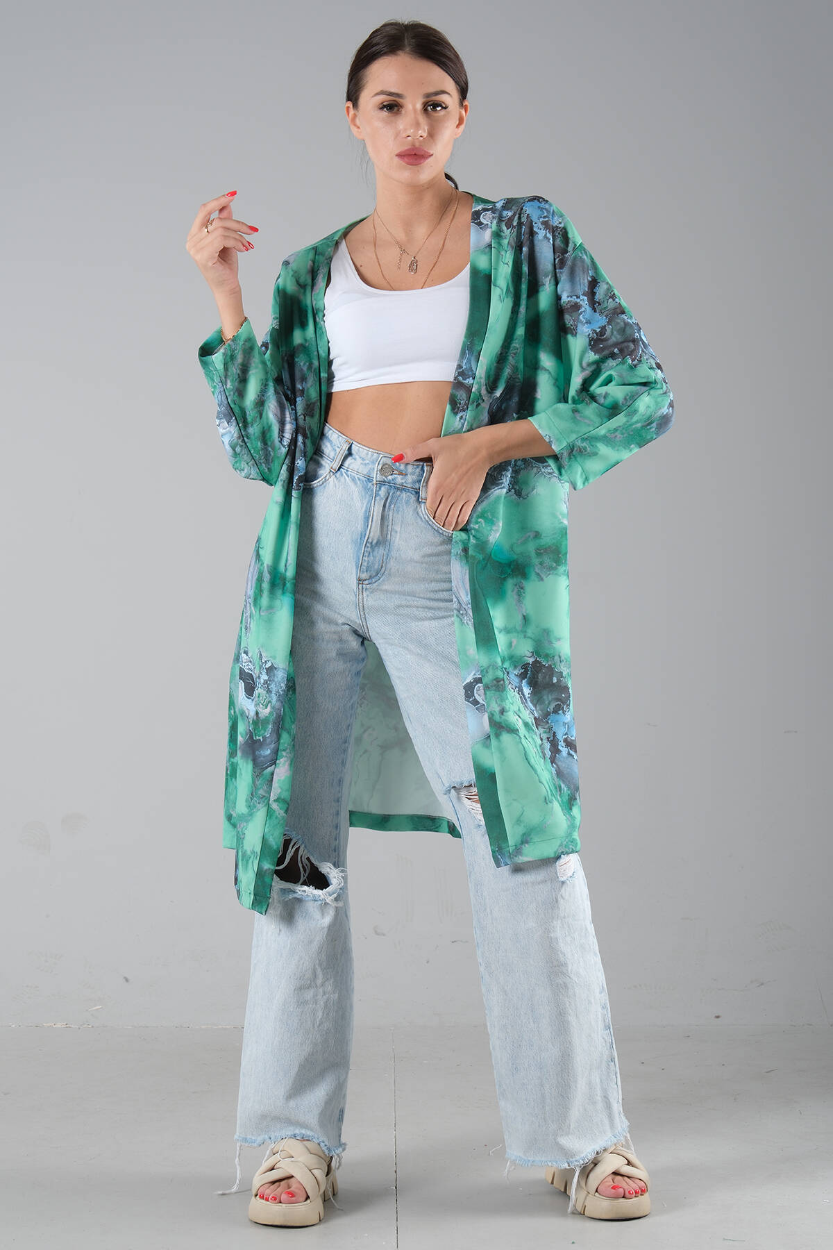 Yeşil Desenli Krep Kimono 0107129.07 - Ardanewline