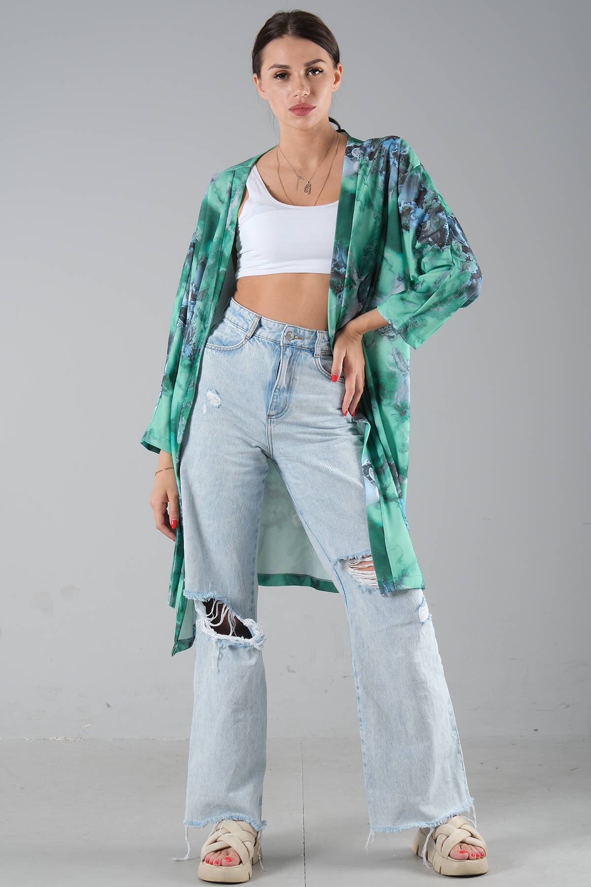Yeşil Desenli Krep Kimono 0107129.07 - Ardanewline (1)