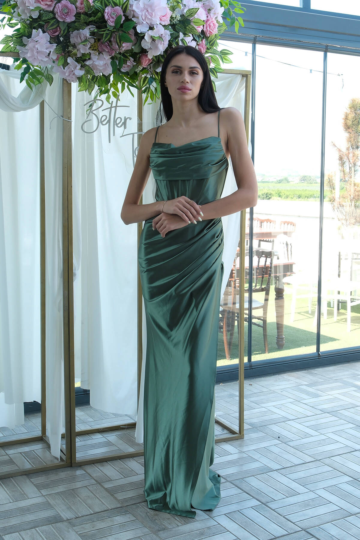 Yeşil Sırtı Bağlamalı Yırtmaçlı Abiye 4522018.07 Yeşil