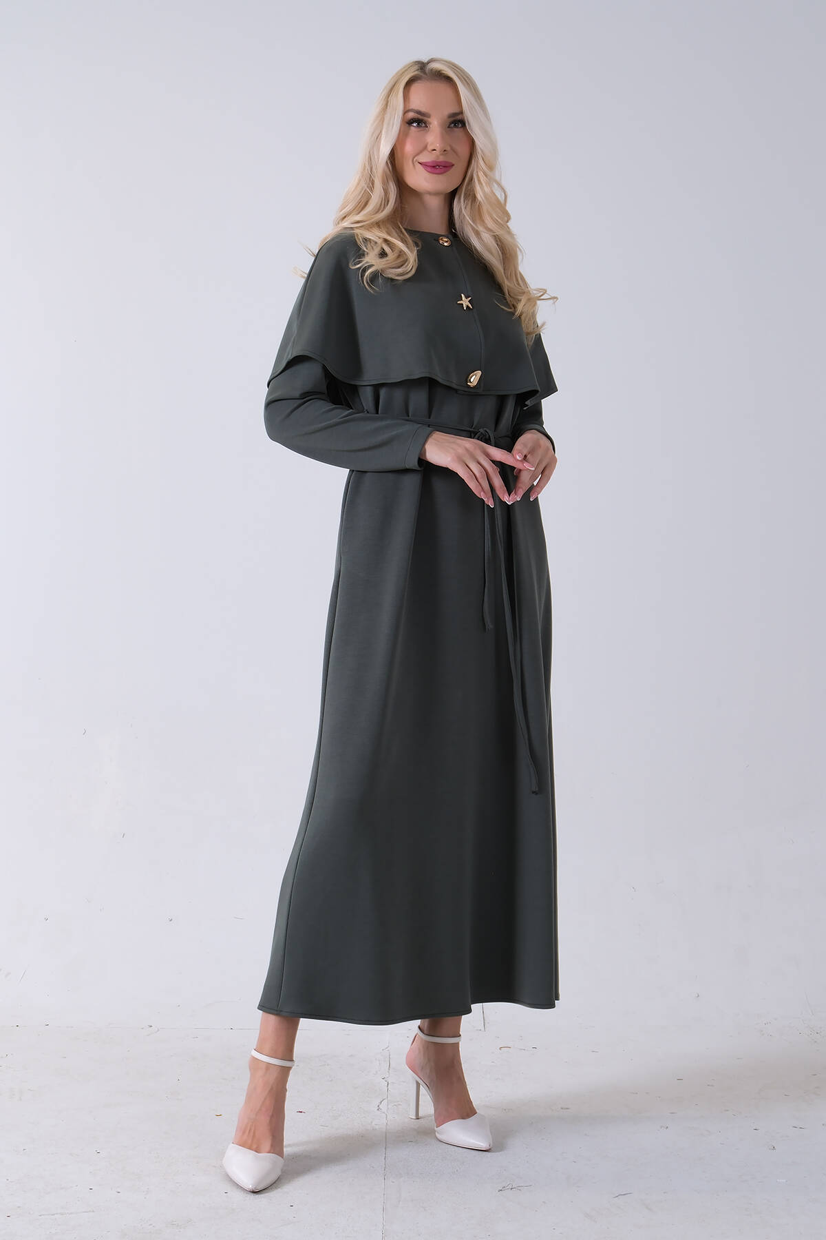 Yeşil Üzeri Kendinden Şallı Kemer Bağlamalı Tesettür Elbise 4571581.07 - Ardanewline (1)