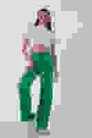 Yeşil Yüksek Bel Bol Paça Keten Pantolon 01020661.07 