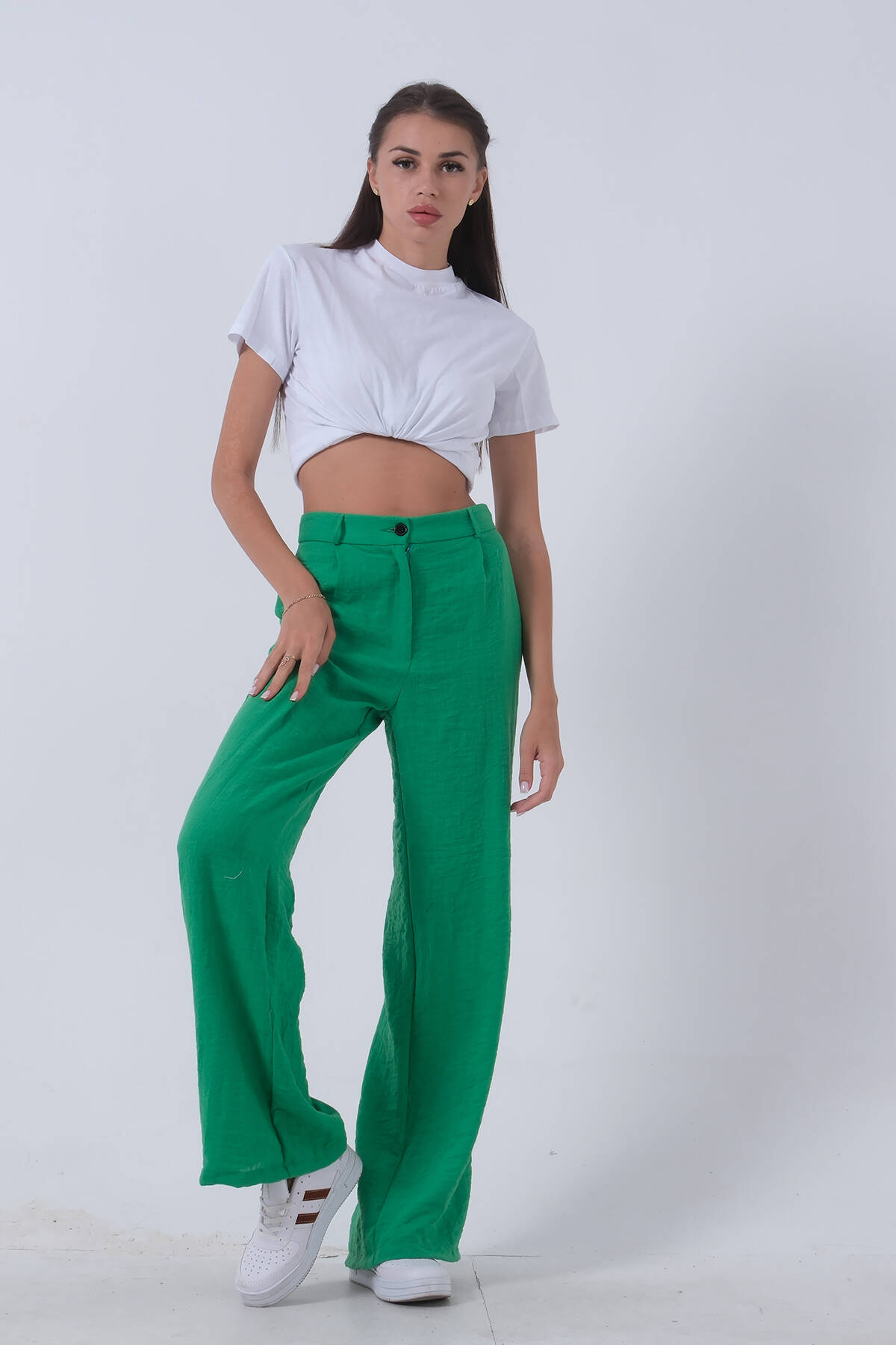 Yeşil Yüksek Bel Bol Paça Keten Pantolon 01020661.07 
