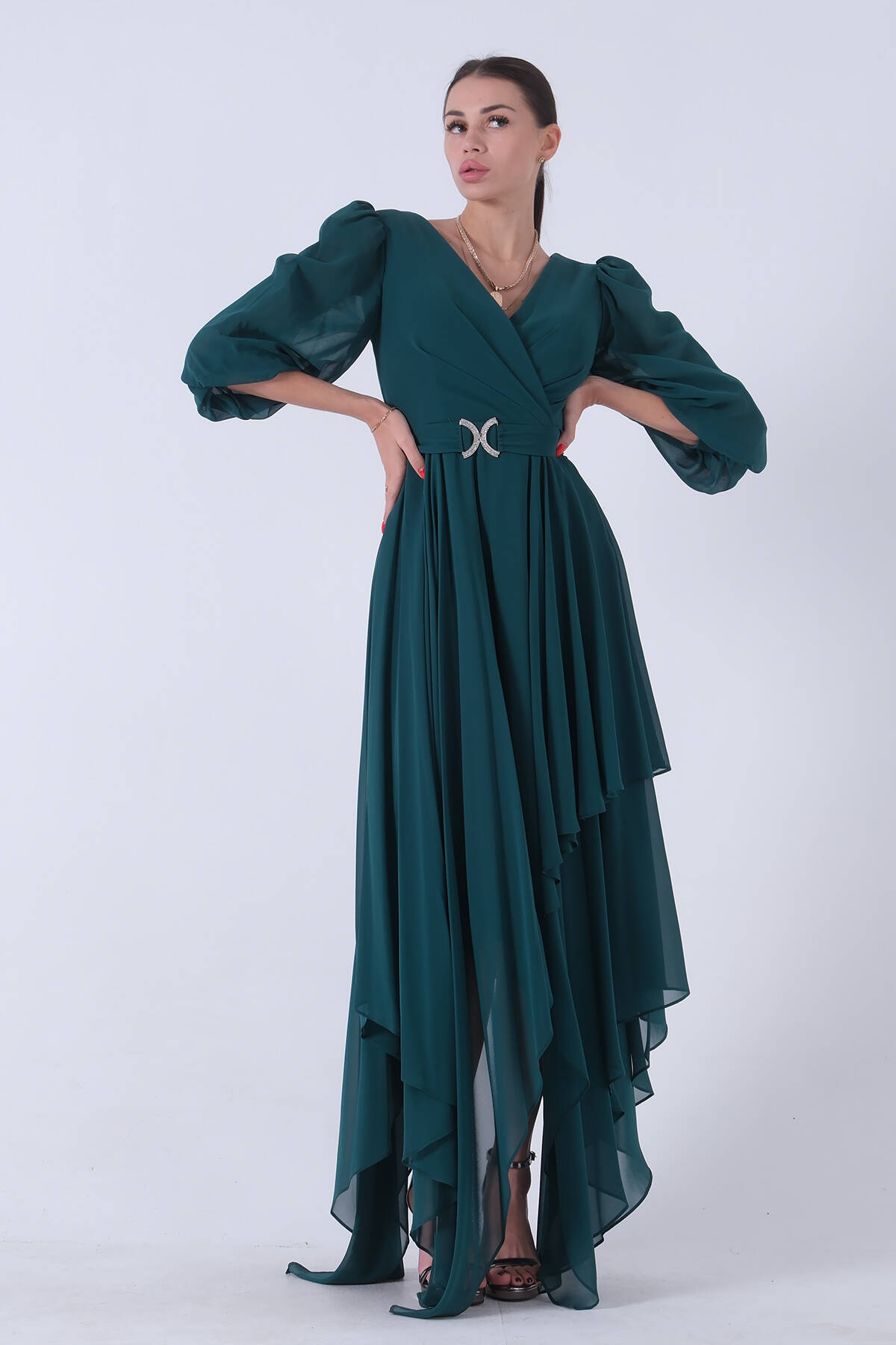 Zümrüt Balon Kol Kruvaze Yaka Asimetrik Kesim Abiye Elbise 6502417.123 