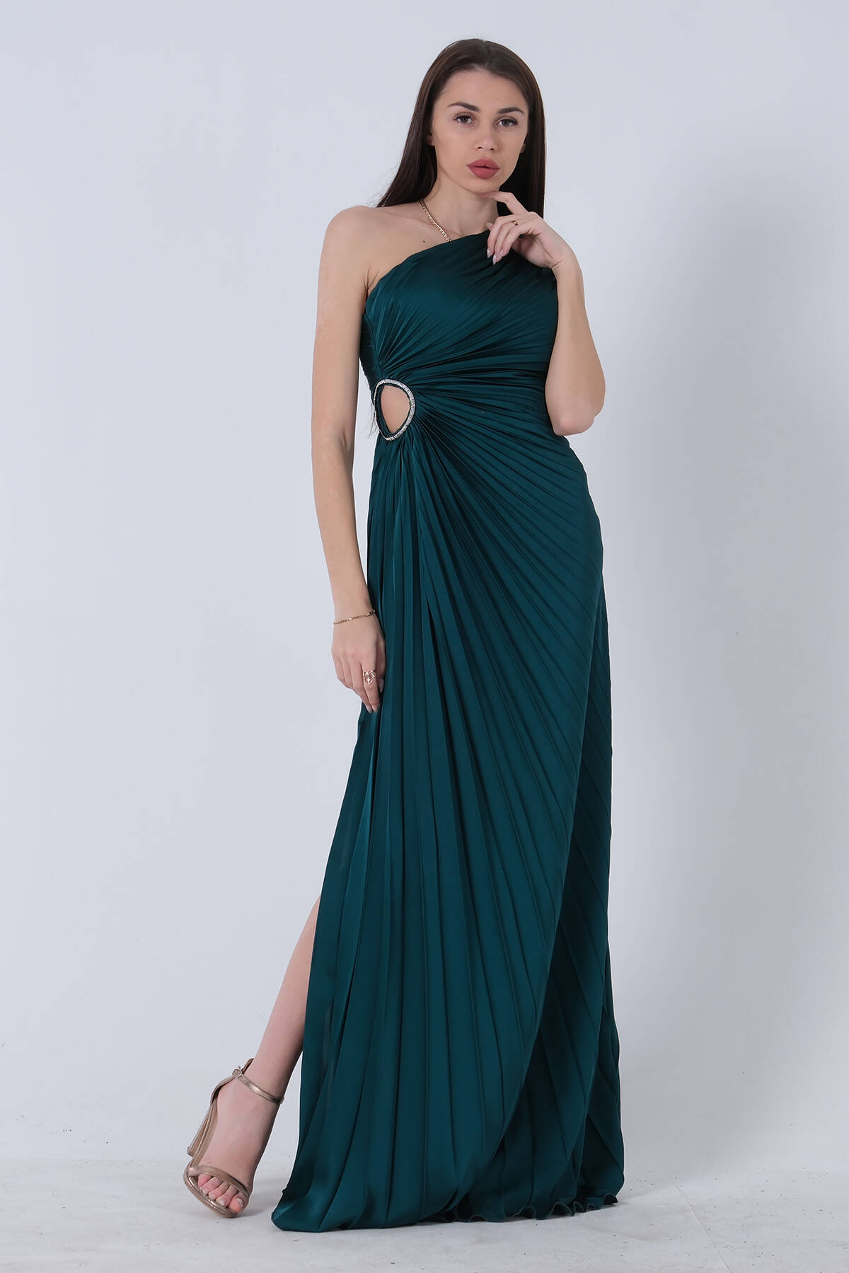 Zümrüt Bel Dekolteli Taş İşlemeli Abiye Elbise 4521014.123 