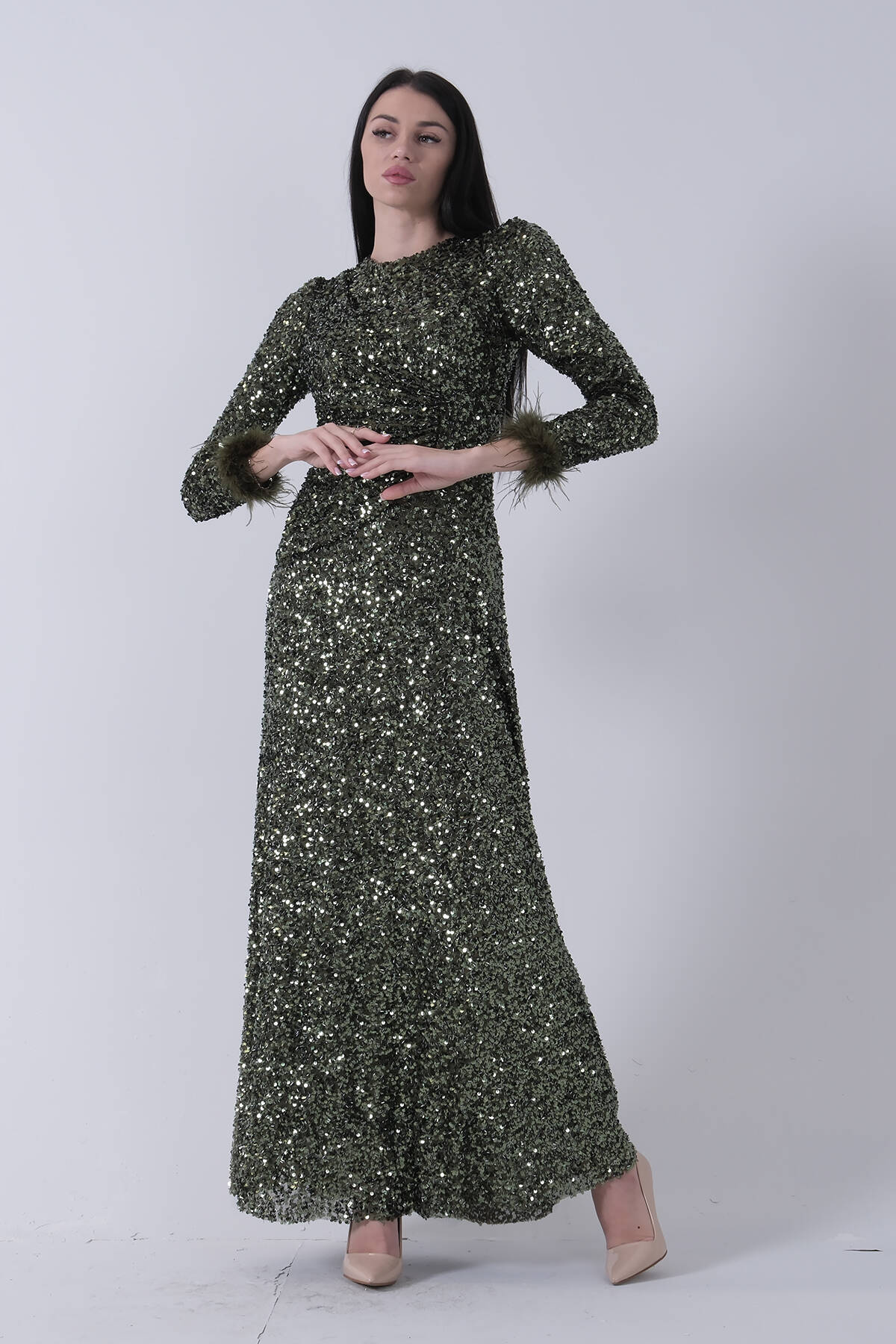 Zümrüt Bilek Ucu Tüylü Pul Payetli Tesettür Abiye 6502496.123 - Ardanewline