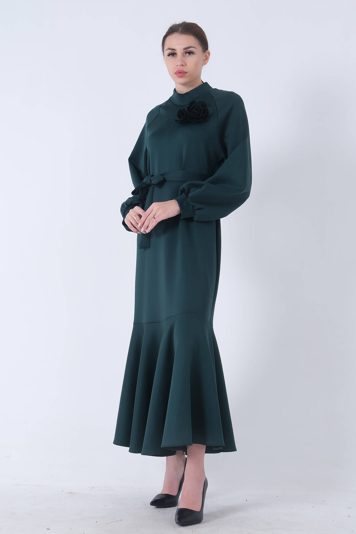 Zümrüt Bisiklet Yaka Belden Kuşaklı Elbise 4593266.123 