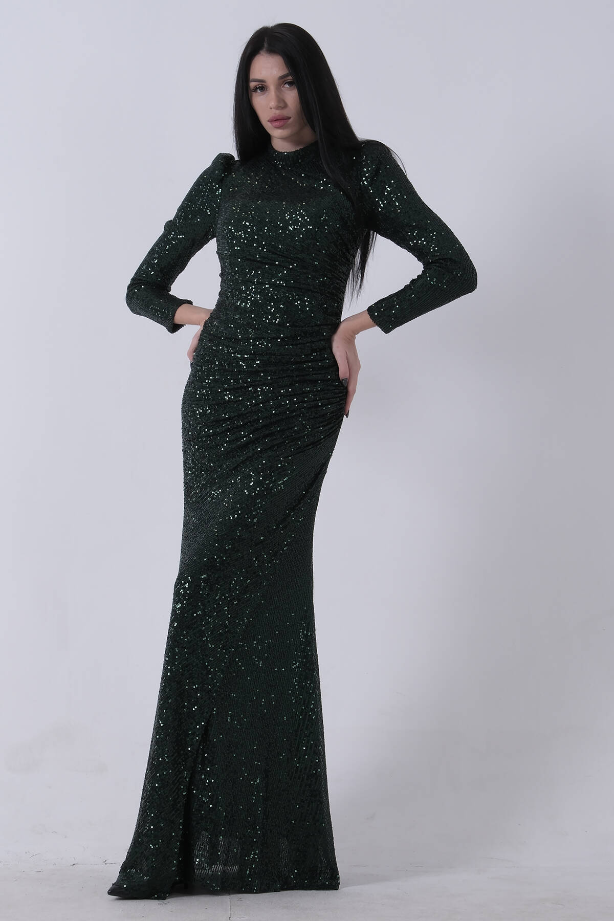 Zümrüt Bisiklet Yaka Pul Payetli Yırtmaçlı Abiye 0801057.123 