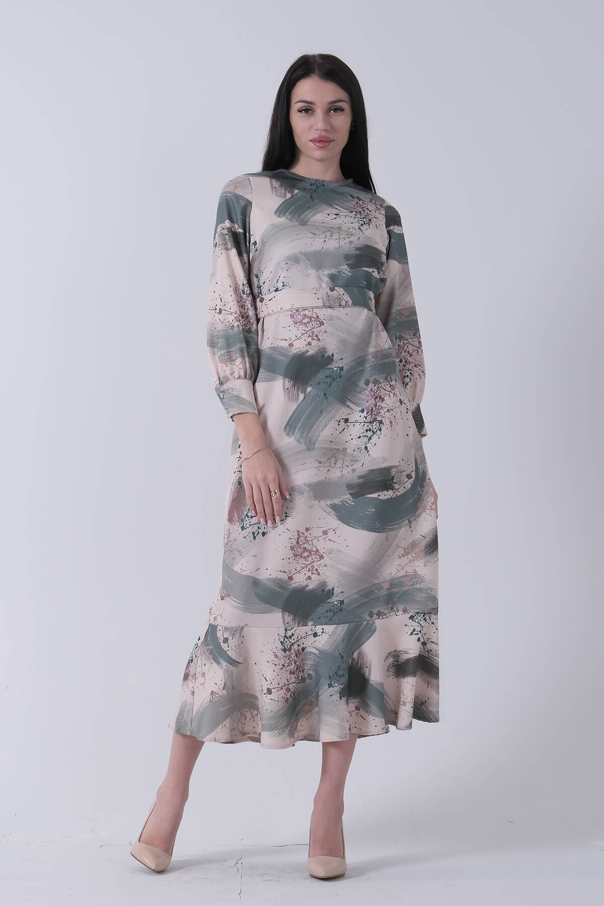 Zümrüt Fırça Darbesi Desenli Modern Şık Elbise 0807769.123 