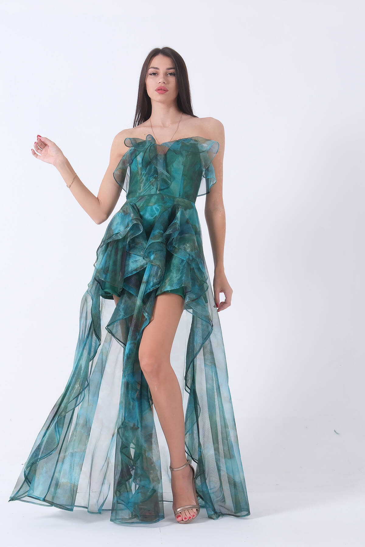 Zümrüt Fırfırlı Tül Şifon Abiye Elbise 0802000.123 Zümrüt