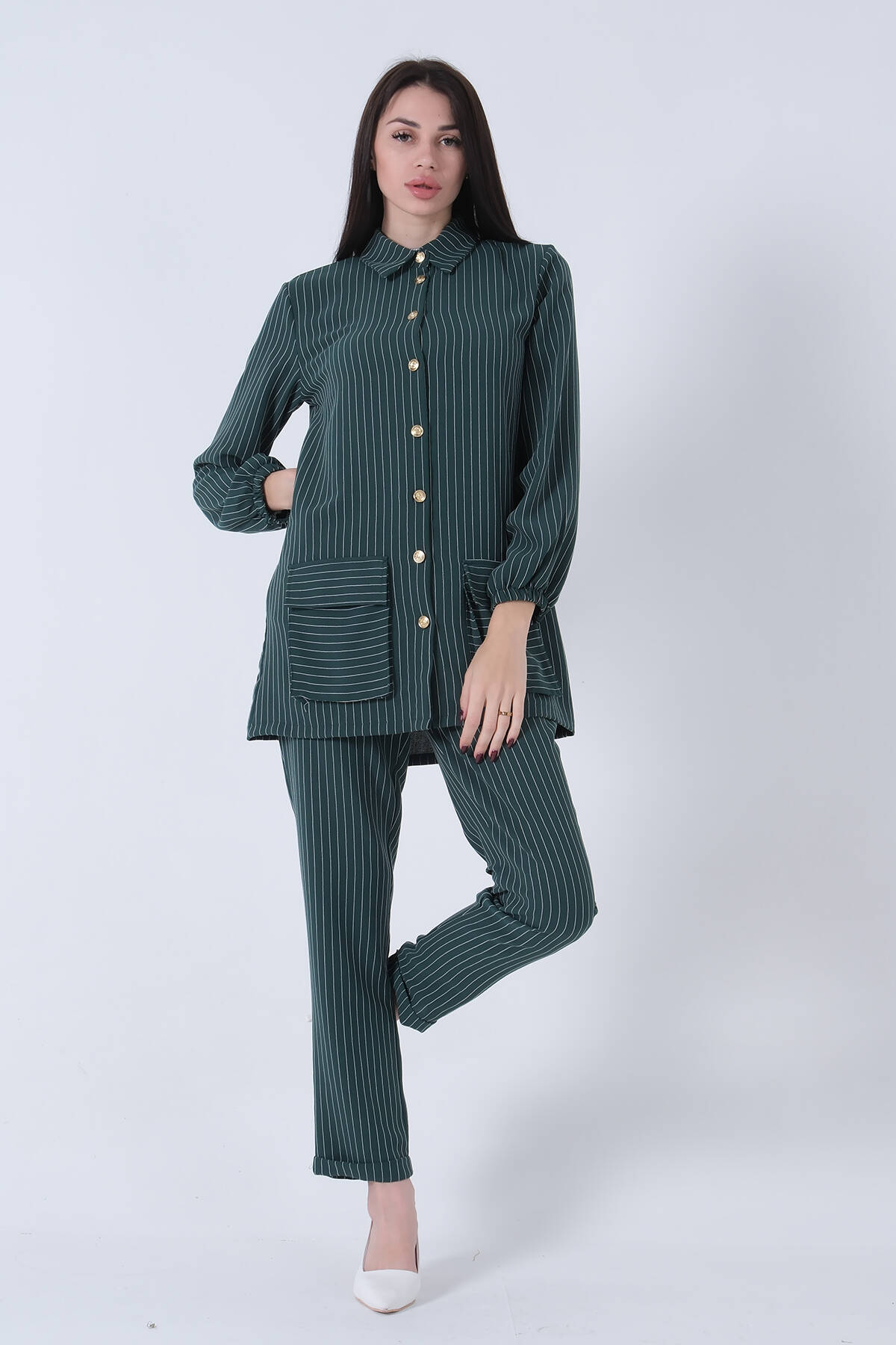 Zümrüt Gold Düğmeli Çizgili Cepli Pantolonlu Takım 0801415.123 