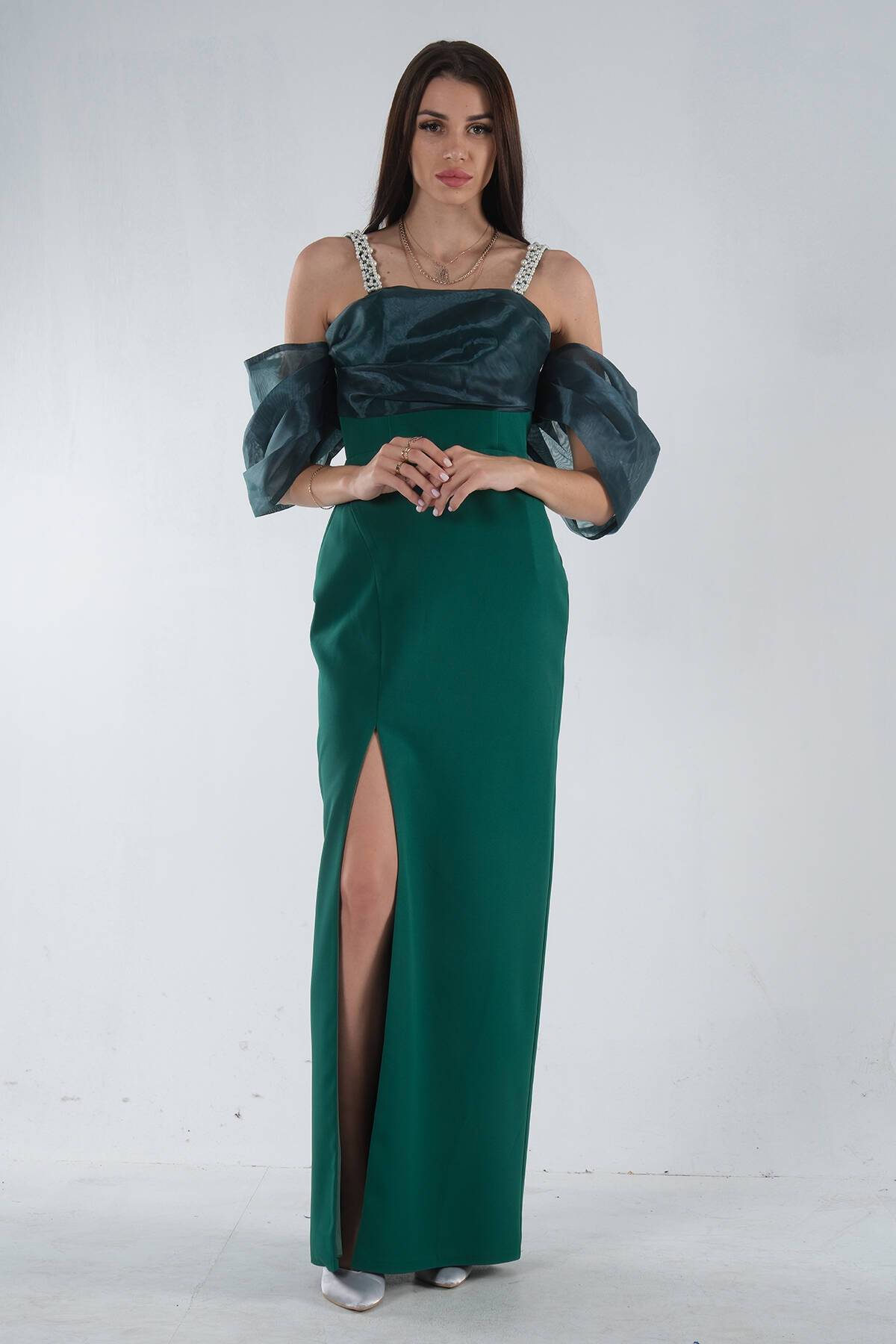 Zümrüt Kolları Şifon Yırtmaçlı Abiye 9705139.123 