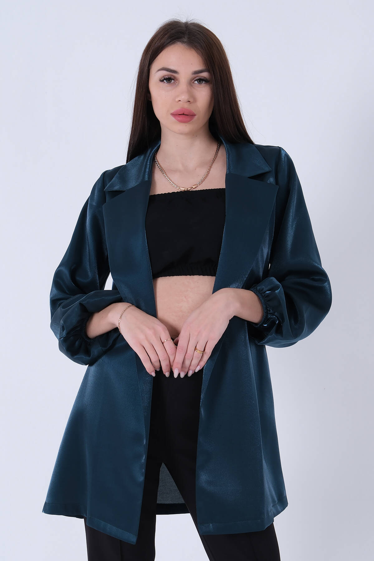 Zümrüt Kolları Volanlı Monoray Saten Ceket 31050689.123 Zümrüt