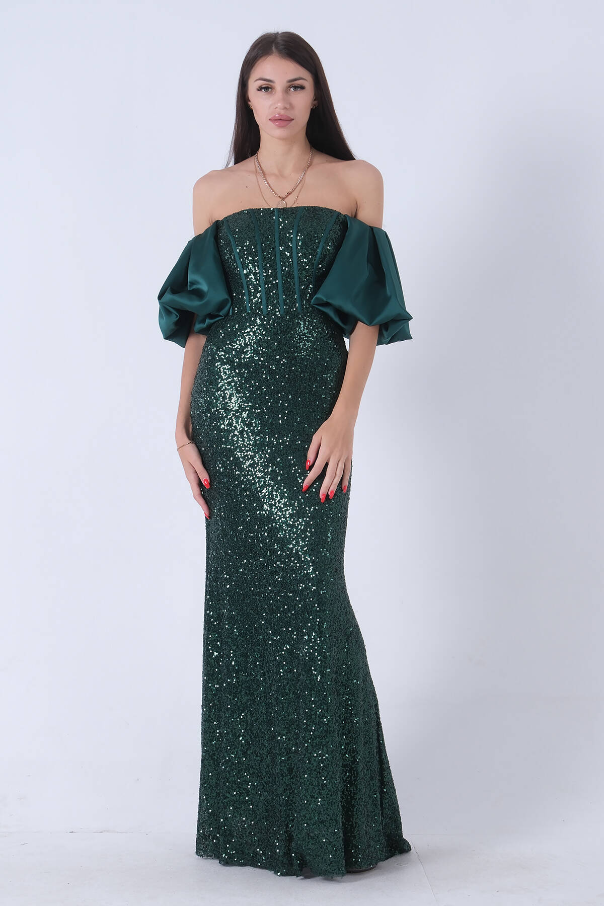 Zümrüt Pul Payetli Balon Kol Abiye 9705296.123 